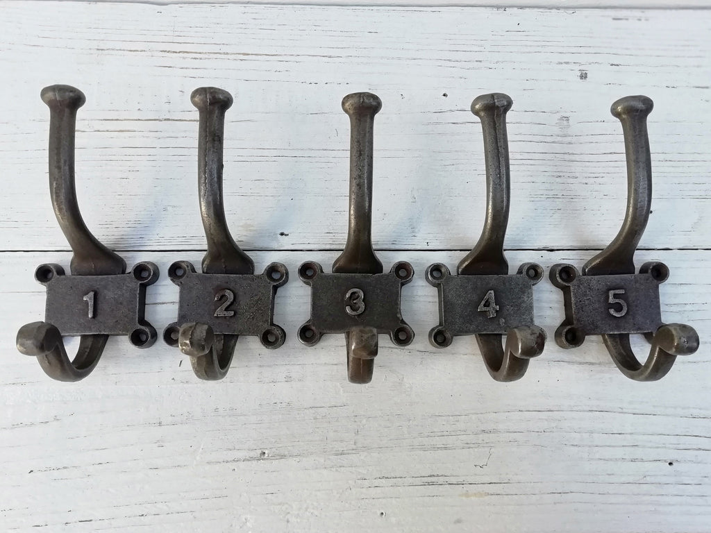 SET of 5 Retro Numbered Double Coat Hook Cast Iron in a Retro Antique Finish, No 1 - 5