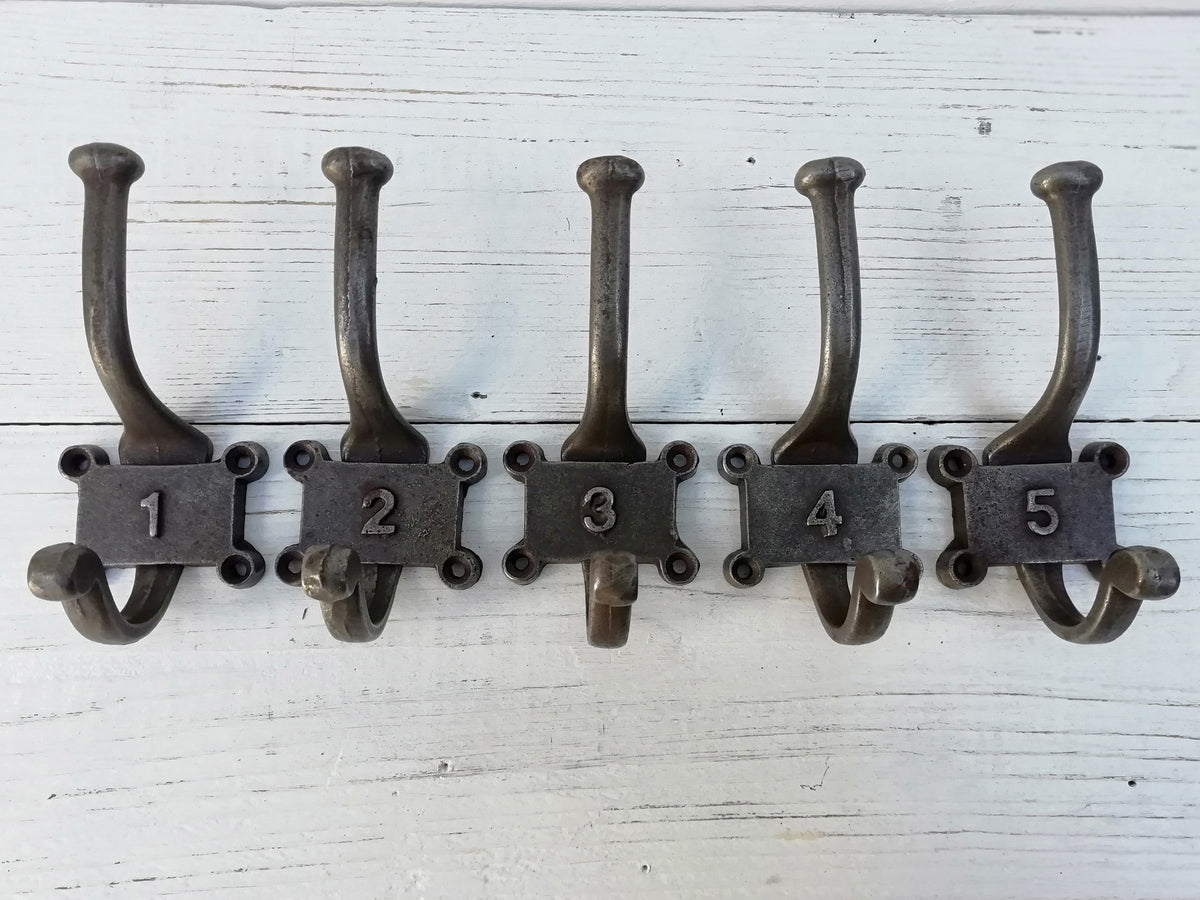 SET of 5 Retro Numbered Double Coat Hook Cast Iron in a Retro Antique Finish, No 1 - 5