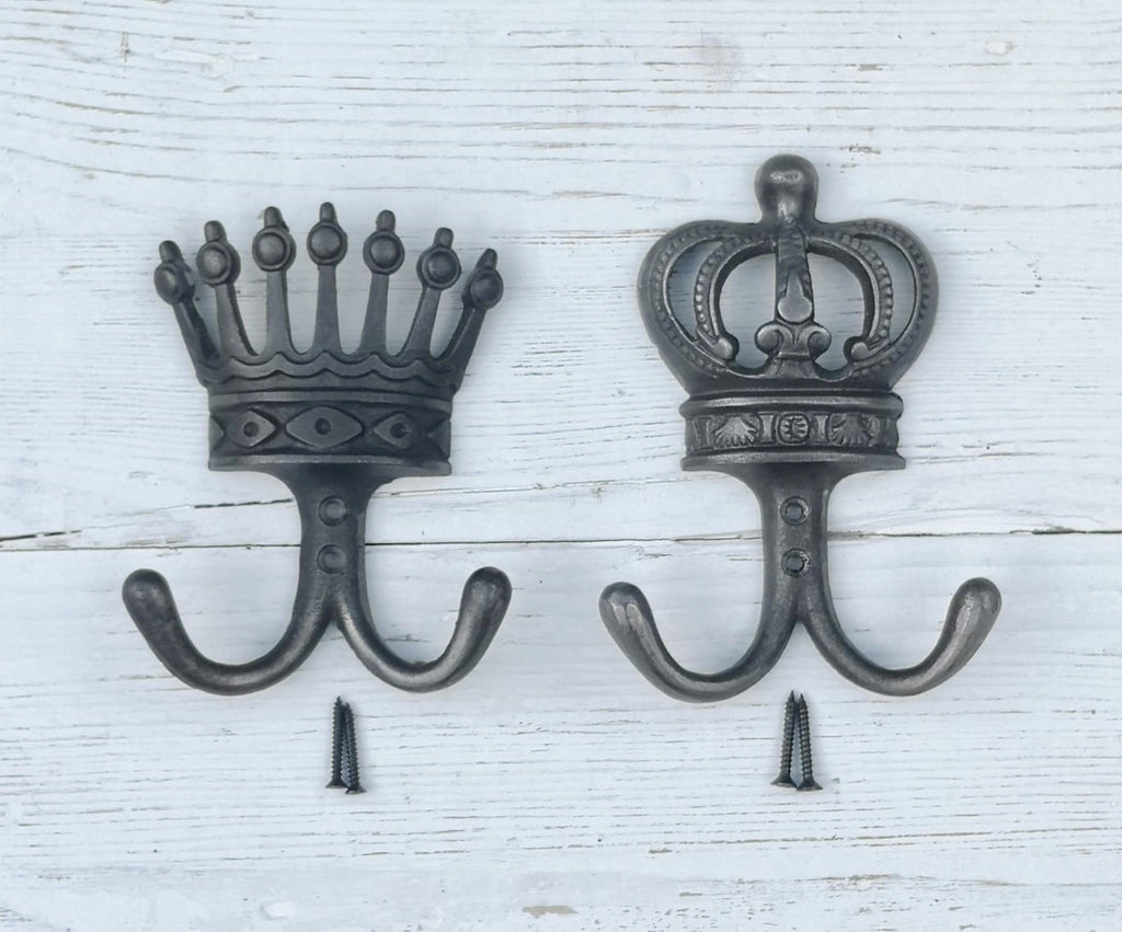 KING & QUEEN Crown Coat Hooks Vintage Cast Iron Traditional cast antique Iron hooks - ROYAL Wedding/Anniversary/Housewarming gift idea