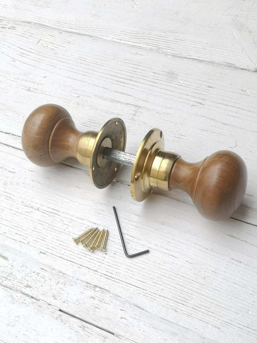 Teak Wood Rim Lock Mortice Door Knobs old vintage retro vintage knobs Teak with brass plate