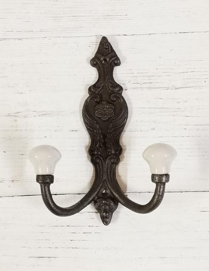 Cast antique Iron French Style Double White ceramic tip Coat Hook - Retro Antique Finish Cast antique Iron