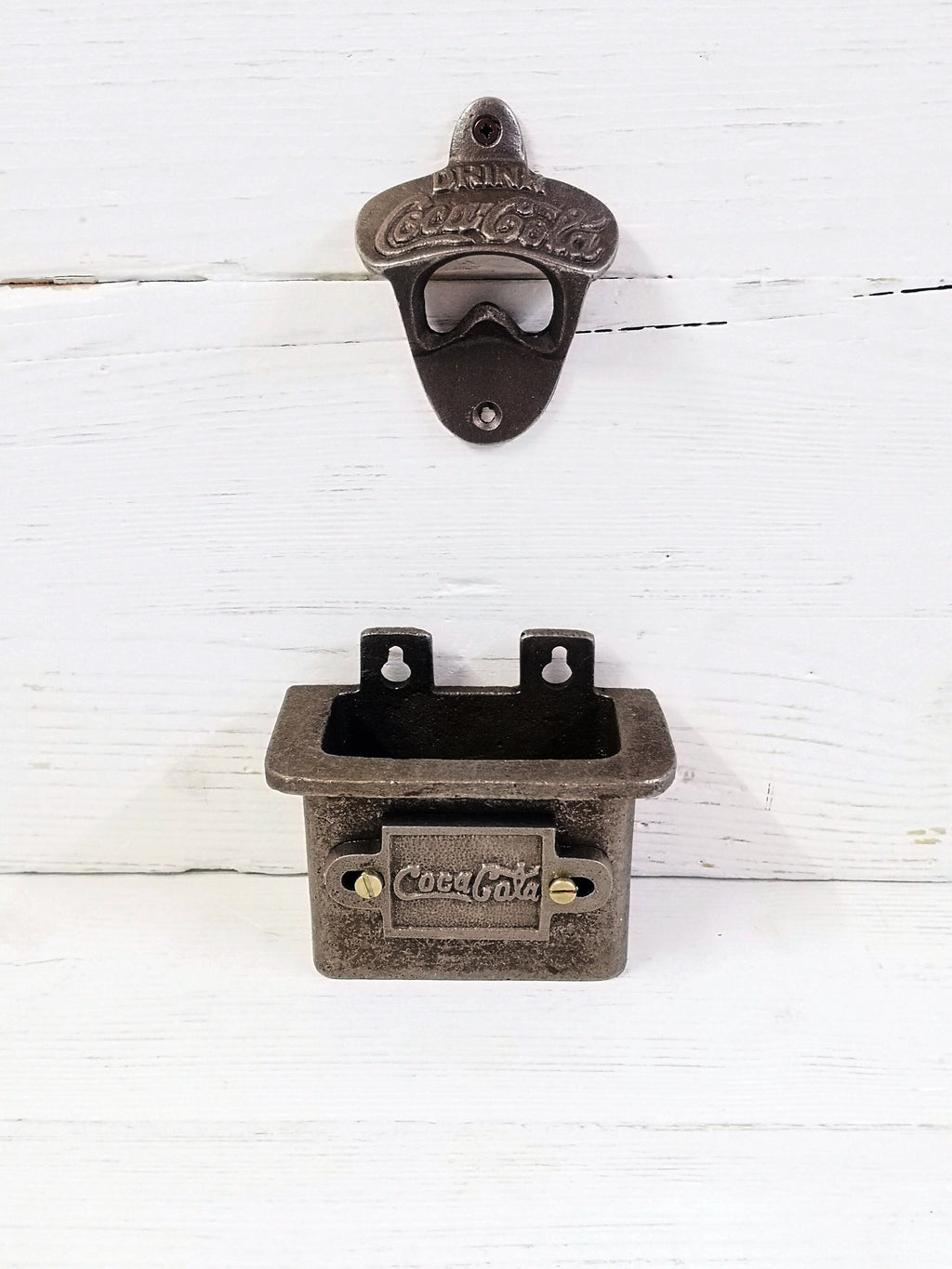 Fathers Day Gift idea Bottle Opener Wall Mounted COCA COLA Beer Bottle Opener with Cap Catcher Cast antique Iron, Great gift idea, Barware