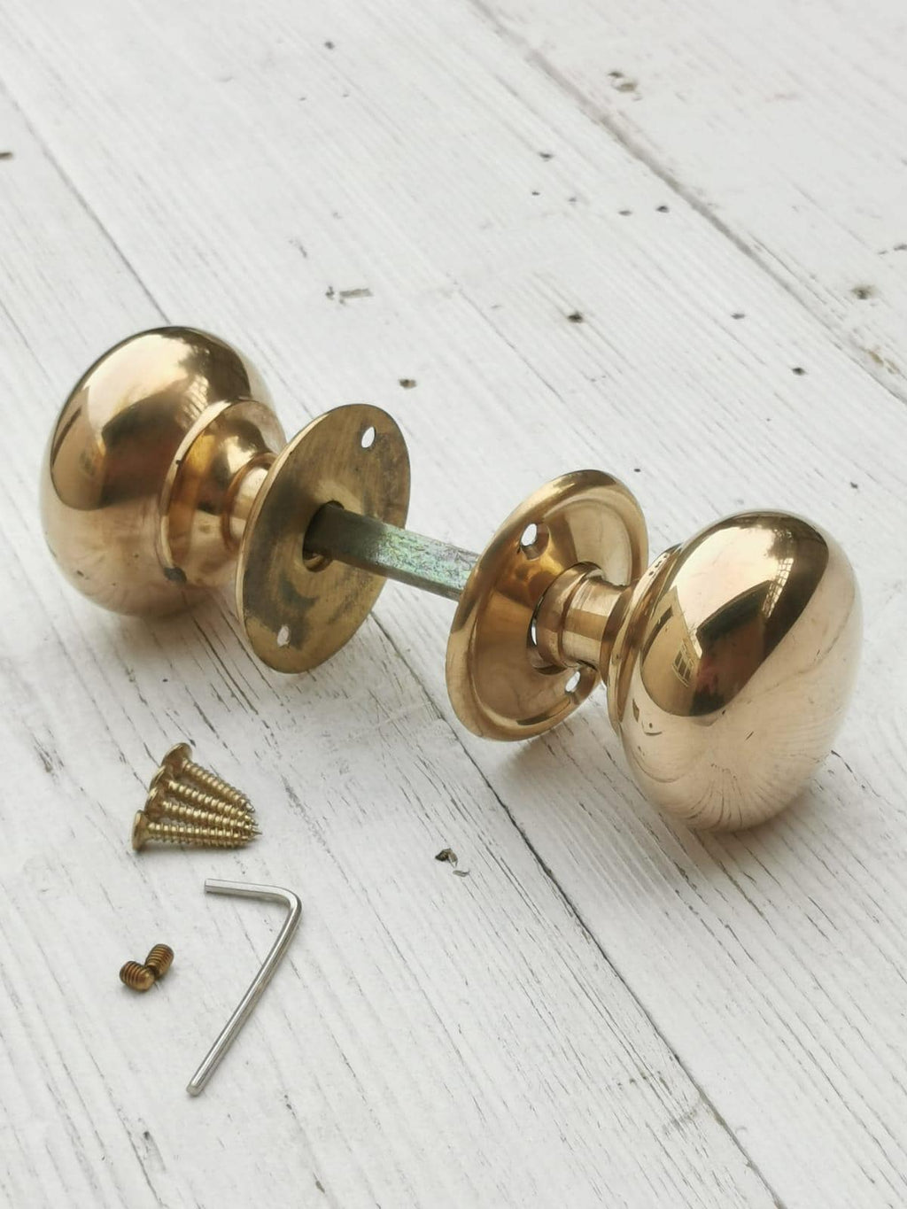 Classic cottage-style door knob Handle, Hollow Natural Brass 55mm. Traditional Brass & Mortice Rim Lock Handles Sold as a Pair