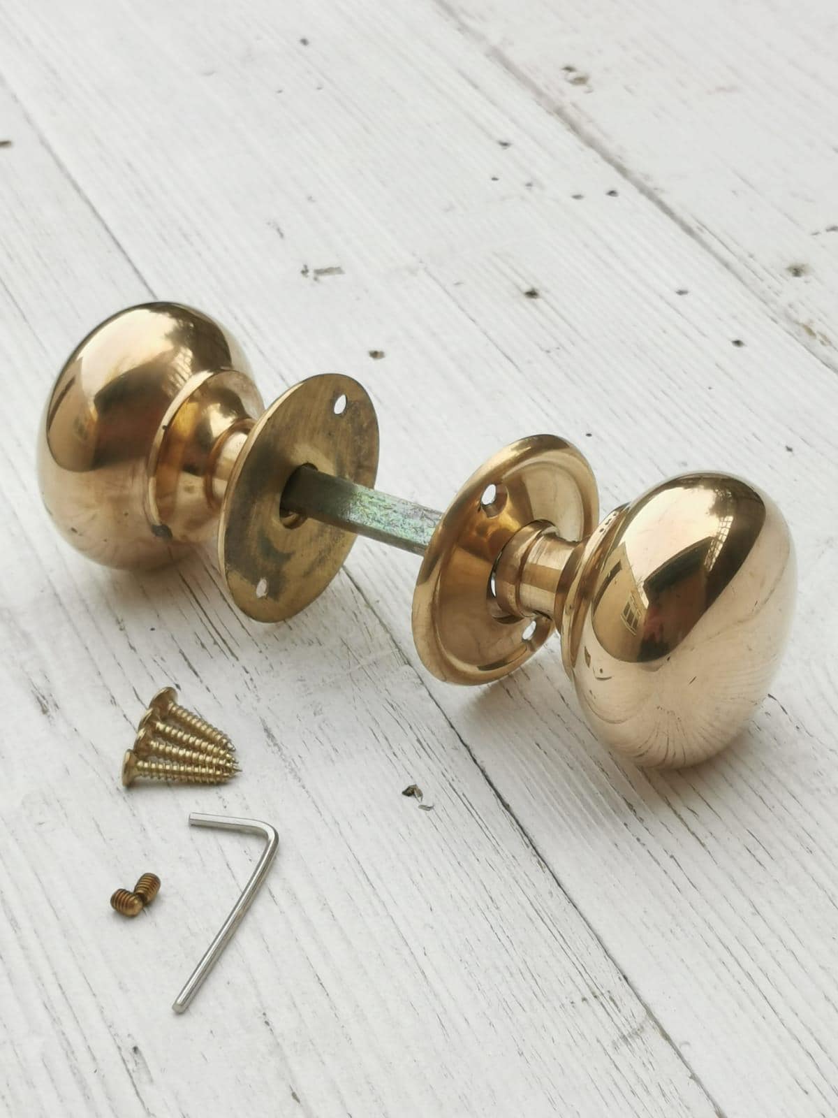 Classic cottage-style door knob Handle, Hollow Natural Brass 55mm. Traditional Brass & Mortice Rim Lock Handles Sold as a Pair